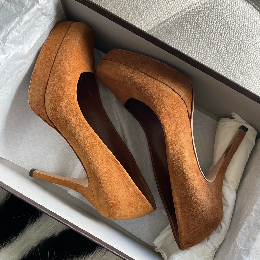 Gucci camel colored suede heels.